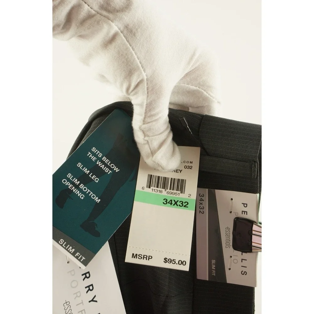 New Perry Ellis Portfolio Slim Flat Front Pants Men 34 x 32 Gray Striped Stretch